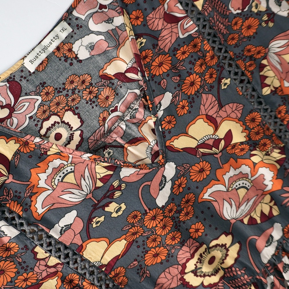 Boho Crochet Trim 100% Viscose XXL 2X Slate Teal Orange Floral Mini Dress - Picture 4 of 10
